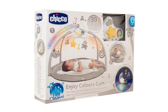 El Chicco Enjoy Colours Gym es un gimnasio evolutivo diseñado para estimular los sentidos y el desarrollo cognitivo del bebé desde el nacimiento.