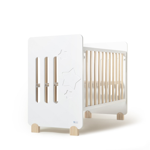 Cuna Star Nature acabado Blanco y Madera. Medida 120x60. Barandilla móvil. Incluye ruedas y patas fijas. Kit colecho compatible.