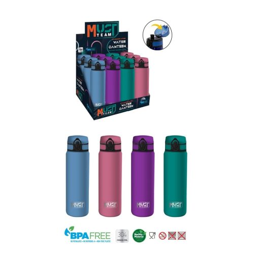 Botella acero inox 600 ml marca Must Team. Colores vivos ideales para el cole, instituto, gimnasio... Boquilla abre fácil sin pajita. Precio: 19,95 €